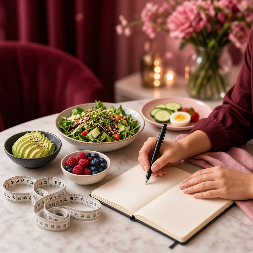 Consulta de nutrição com plano alimentar e alimentos saudáveis sobre a mesa