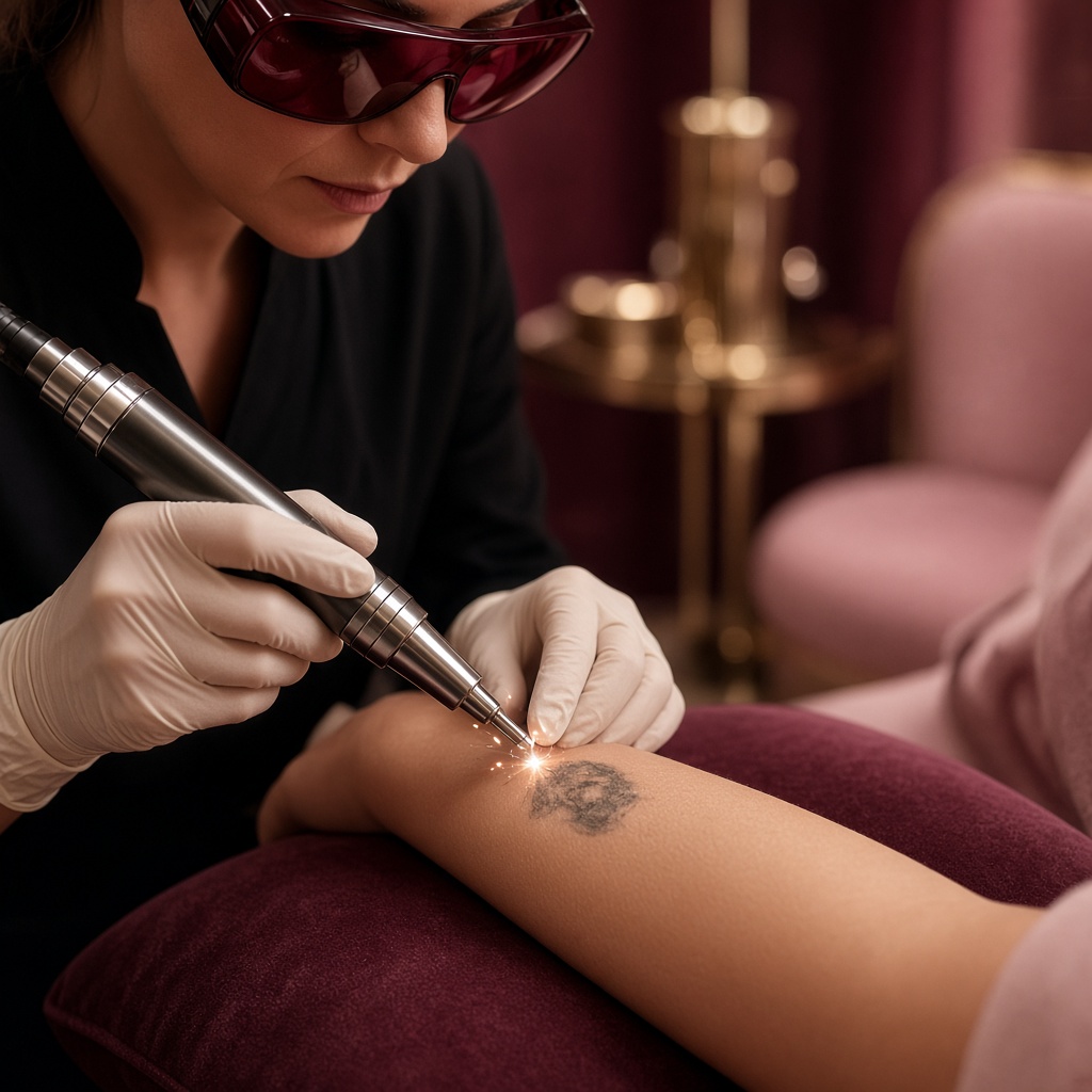 Remoção de tatuagem a laser sendo realizada no antebraço de uma cliente