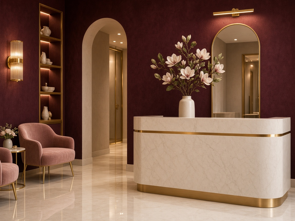 Recepção da clínica com decoração em tons de vinho e dourado